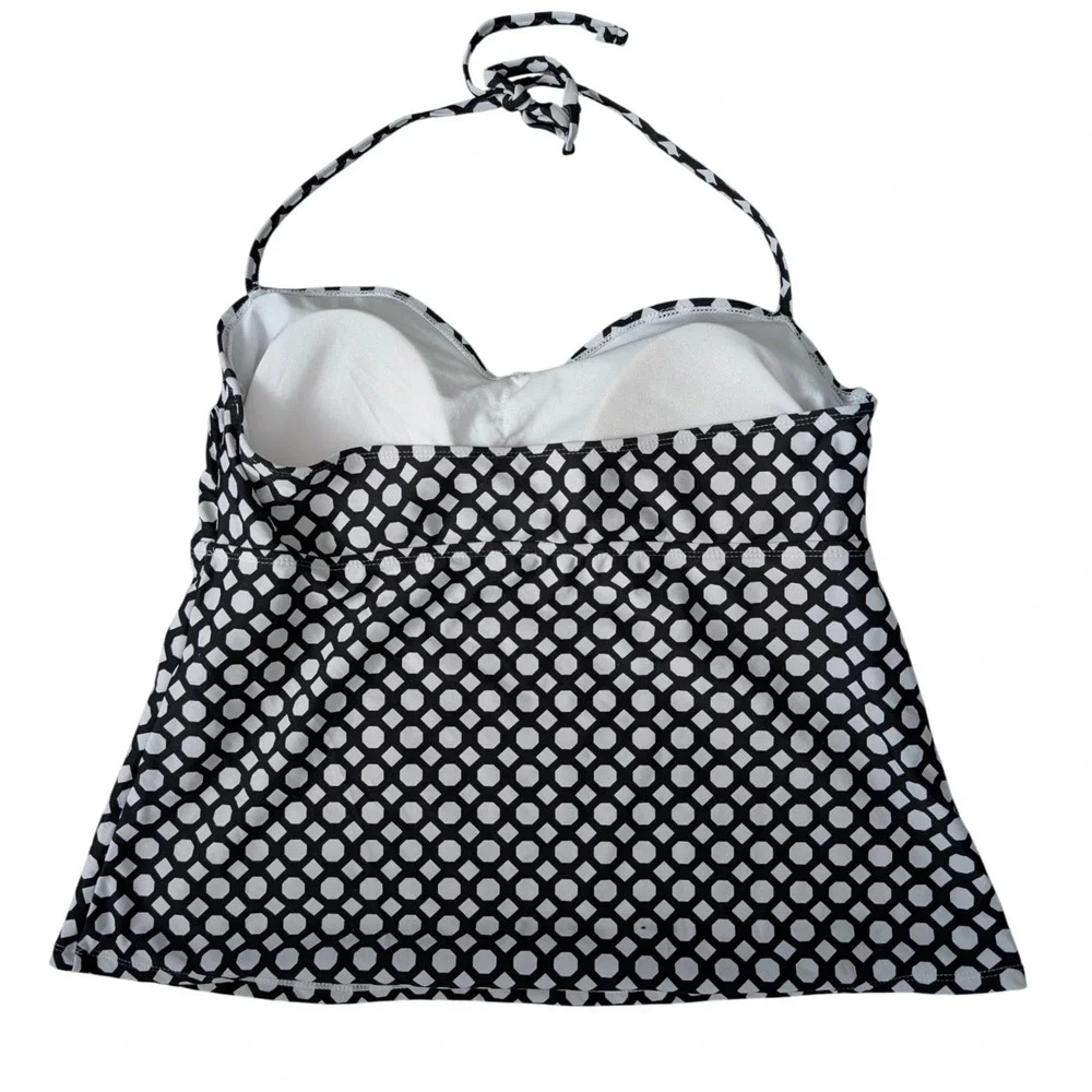 Catalina‎ Halter Tankini Swimsuit Top XL Black White Built In Cups Empire Waist
